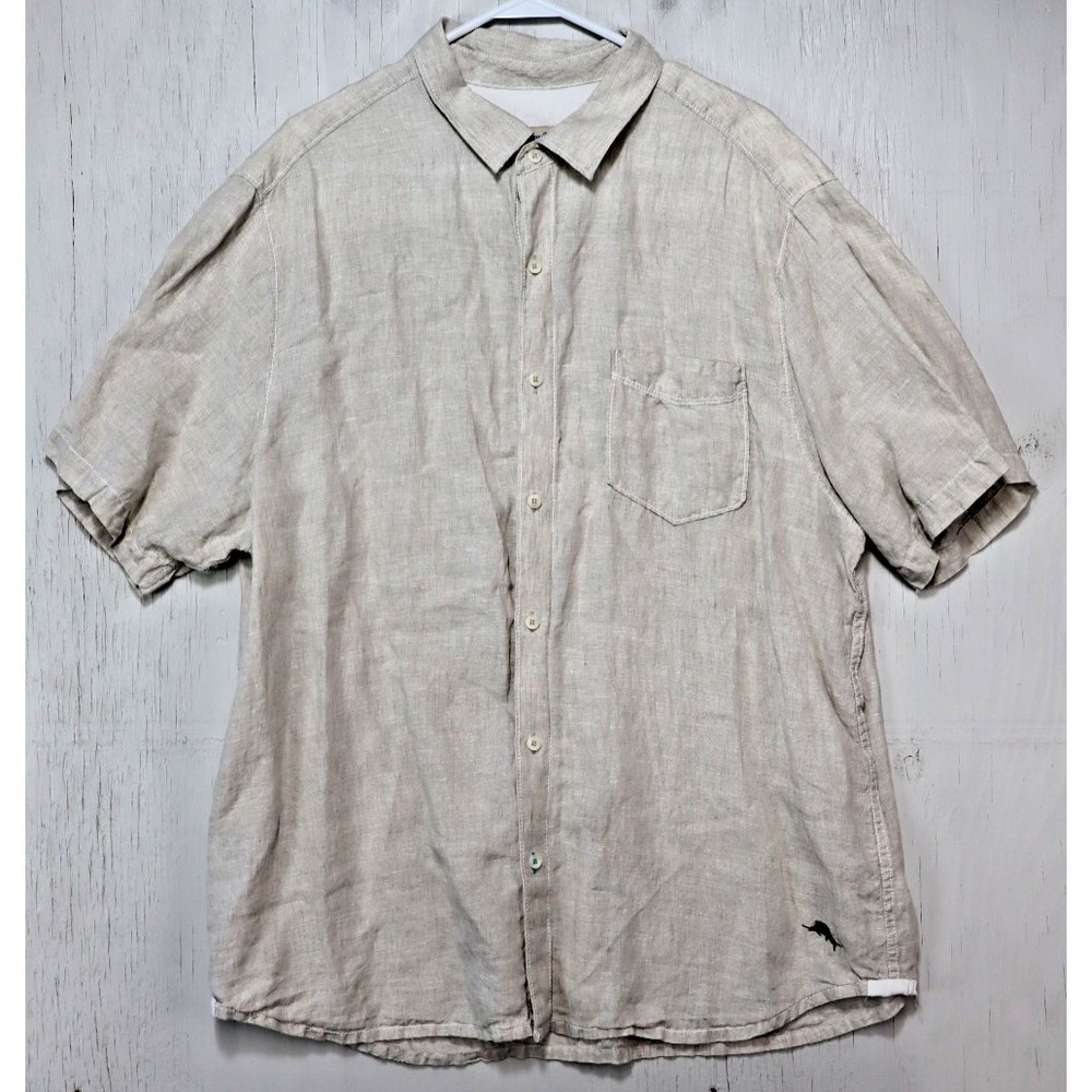 Mens Tommy Bahama Button Front Shirt Linen Size XL Light Brown Short Sleeve